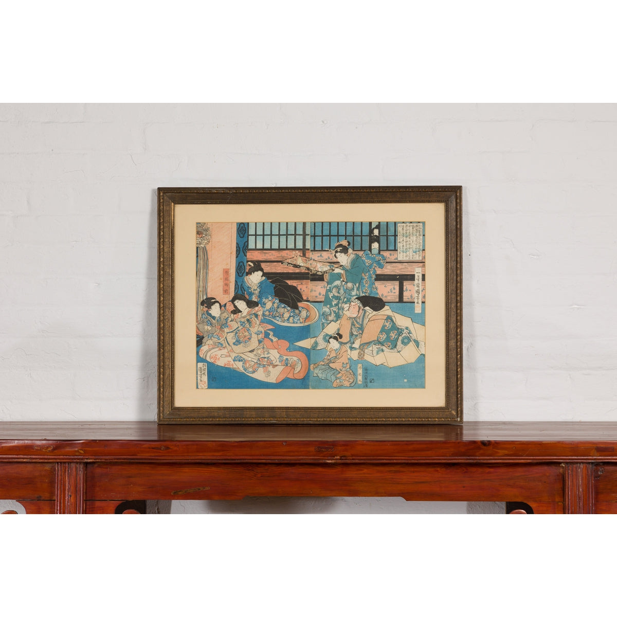 Japanese Meiji Period 19th Century Signed Diptych Woodblock Print, Custom Framed-2. Asian & Chinese Furniture, Art, Antiques, Vintage Home Décor for sale at FEA Home