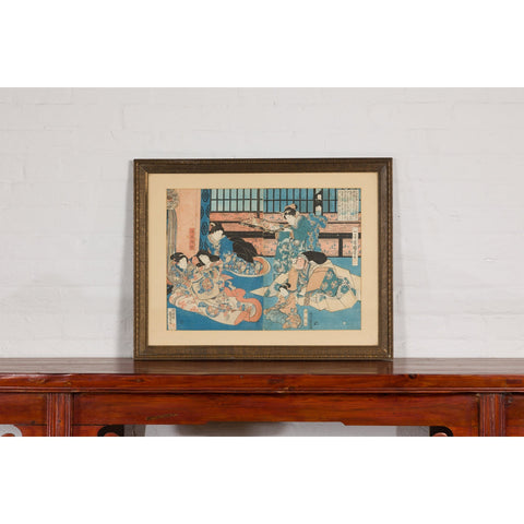 Japanese Meiji Period 19th Century Signed Diptych Woodblock Print, Custom Framed-YN7857-2. Asian & Chinese Furniture, Art, Antiques, Vintage Home Décor for sale at FEA Home