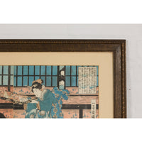 Japanese Meiji Period 19th Century Signed Diptych Woodblock Print, Custom Framed