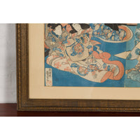 Japanese Meiji Period 19th Century Signed Diptych Woodblock Print, Custom Framed