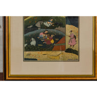 Mughal Style Watercolor on Paper Painting Depicting a Royal Court Scene, Framed