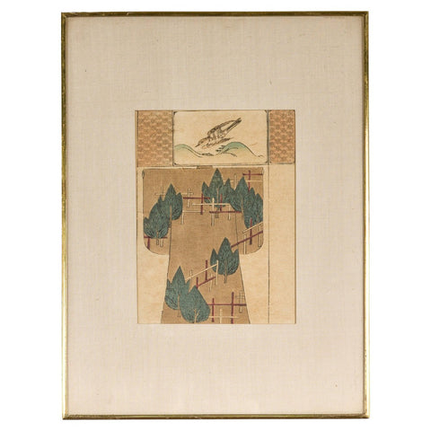 Antique Minimalist Woodblock Print with Bird and Trees in Custom Frame-YN7859-1. Asian & Chinese Furniture, Art, Antiques, Vintage Home Décor for sale at FEA Home