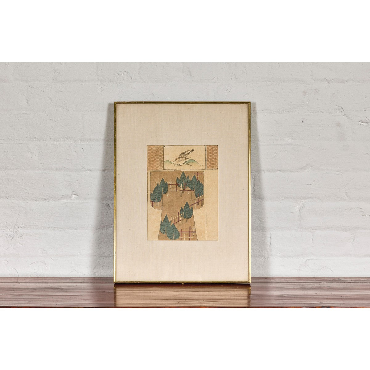 Antique Minimalist Woodblock Print with Bird and Trees in Custom Frame-3. Asian &amp; Chinese Furniture, Art, Antiques, Vintage Home Décor for sale at FEA Home