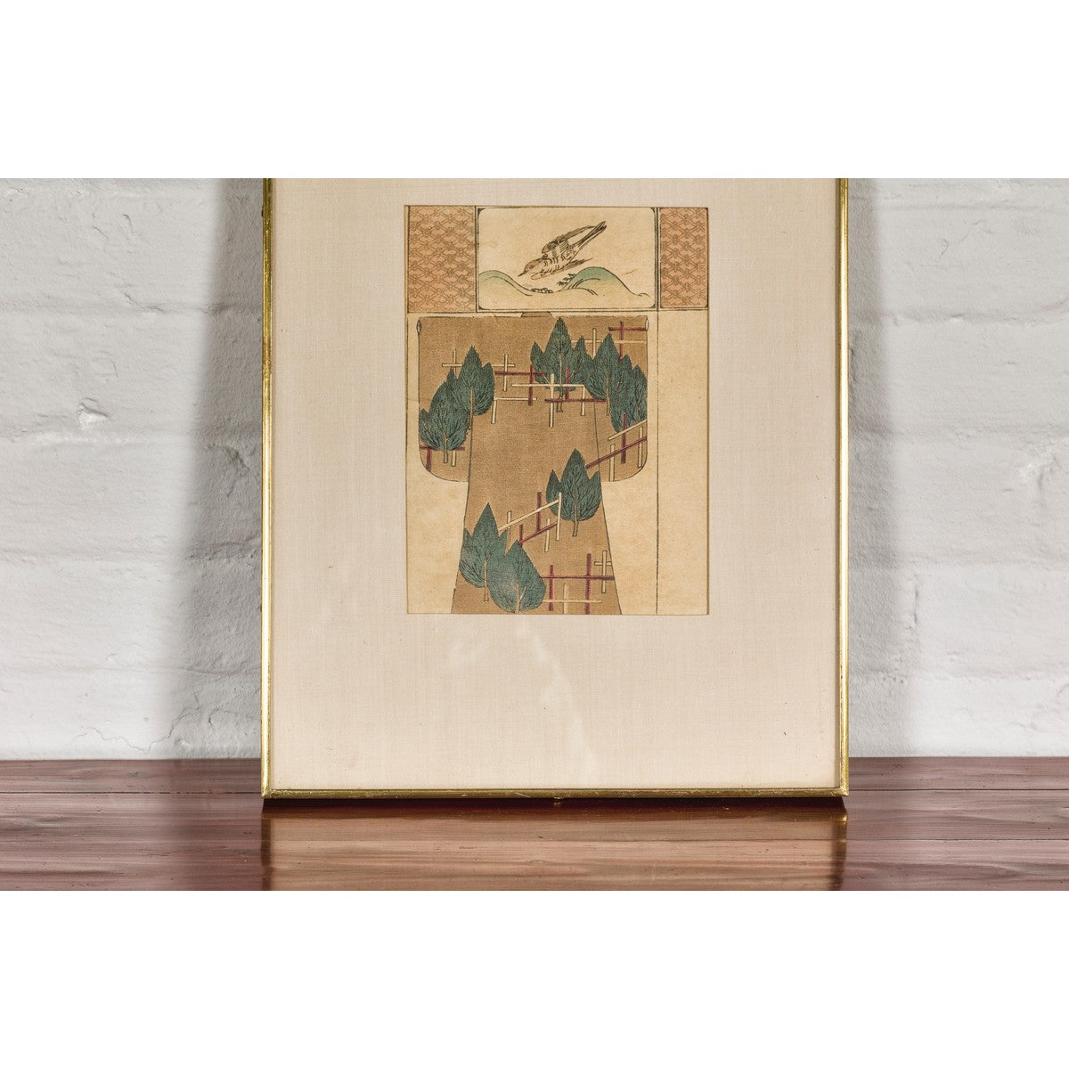 Antique Minimalist Woodblock Print with Bird and Trees in Custom Frame-5. Asian &amp; Chinese Furniture, Art, Antiques, Vintage Home Décor for sale at FEA Home
