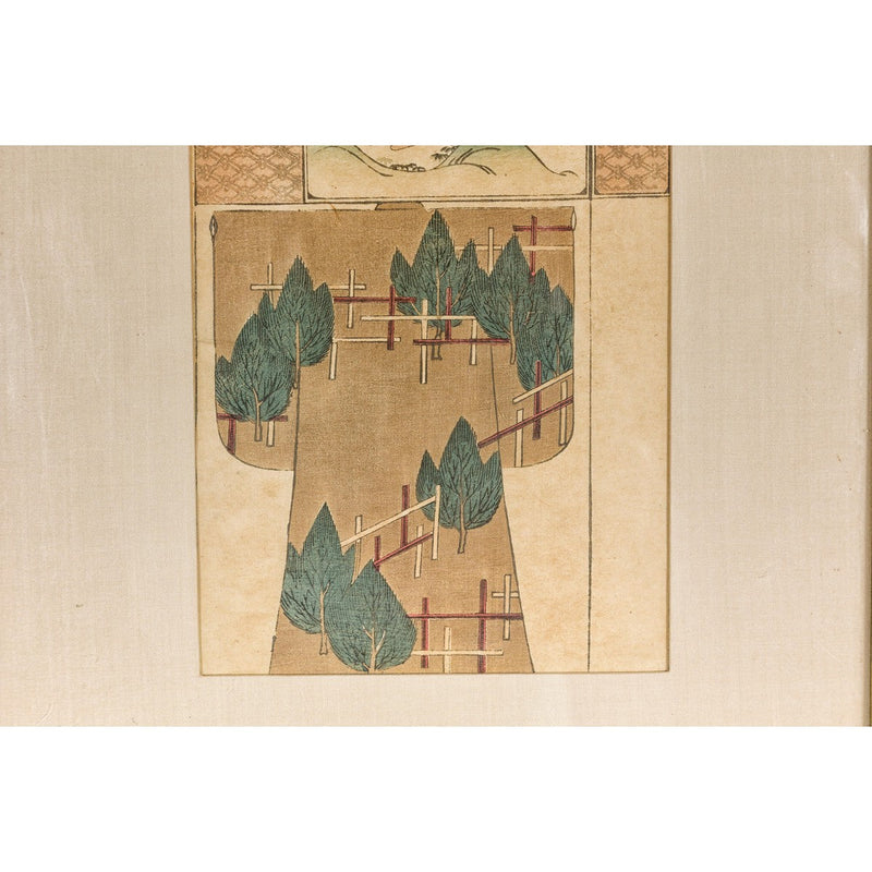 Antique Minimalist Woodblock Print with Bird and Trees in Custom Frame-YN7859-7. Asian & Chinese Furniture, Art, Antiques, Vintage Home Décor for sale at FEA Home