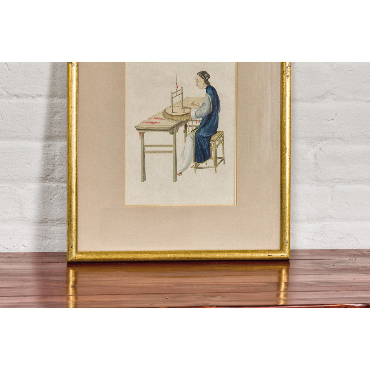 Woman in a Blue Dress Threading Silk Watercolor in Gilt Frame-4. Asian &amp; Chinese Furniture, Art, Antiques, Vintage Home Décor for sale at FEA Home