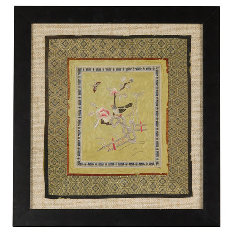 Late Qing Dynasty Embroidered Silk Fabric with Bird in Custom Frame