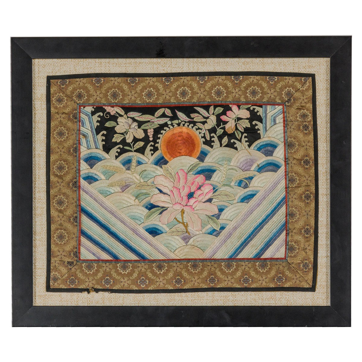 Vintage Chinese Silk Fabric with Flower and Sun Motif in Custom Black Frame-1. Asian & Chinese Furniture, Art, Antiques, Vintage Home Décor for sale at FEA Home