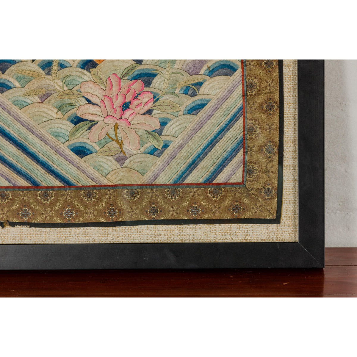 Vintage Chinese Silk Fabric with Flower and Sun Motif in Custom Black Frame-10. Asian &amp; Chinese Furniture, Art, Antiques, Vintage Home Décor for sale at FEA Home