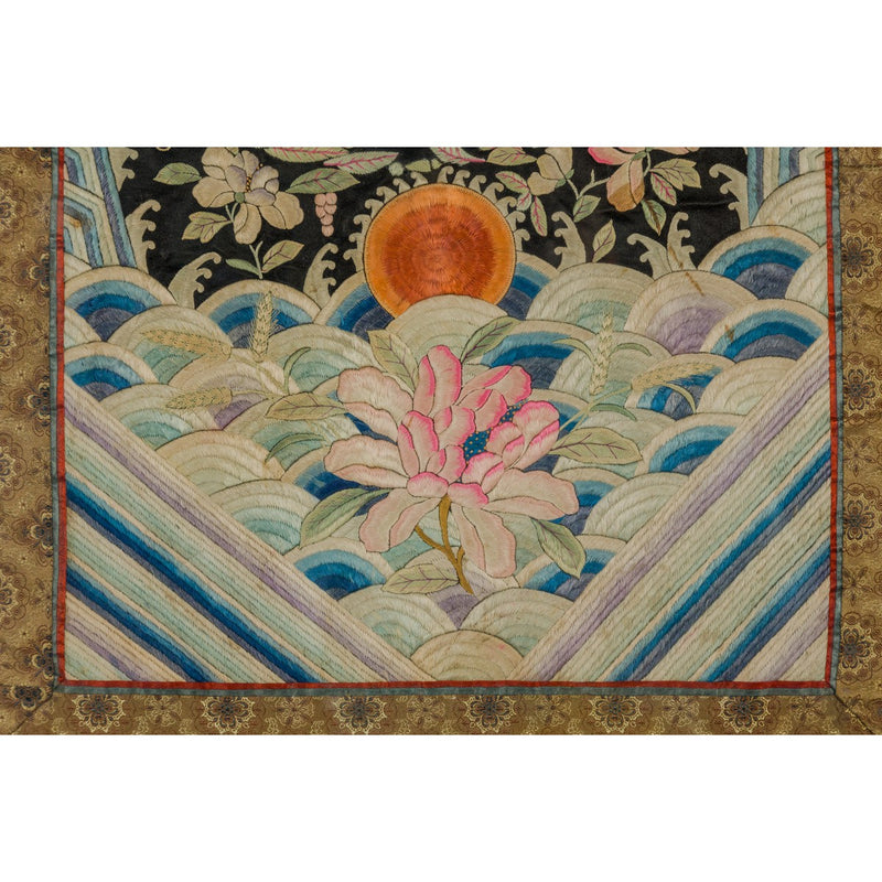 Vintage Chinese Silk Fabric with Flower and Sun Motif in Custom Black Frame-YN7864-11. Asian & Chinese Furniture, Art, Antiques, Vintage Home Décor for sale at FEA Home