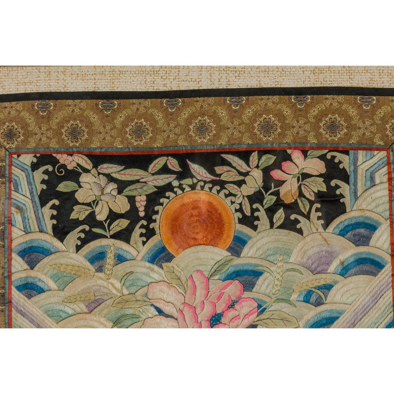 Vintage Chinese Silk Fabric with Flower and Sun Motif in Custom Black Frame-YN7864-12. Asian & Chinese Furniture, Art, Antiques, Vintage Home Décor for sale at FEA Home