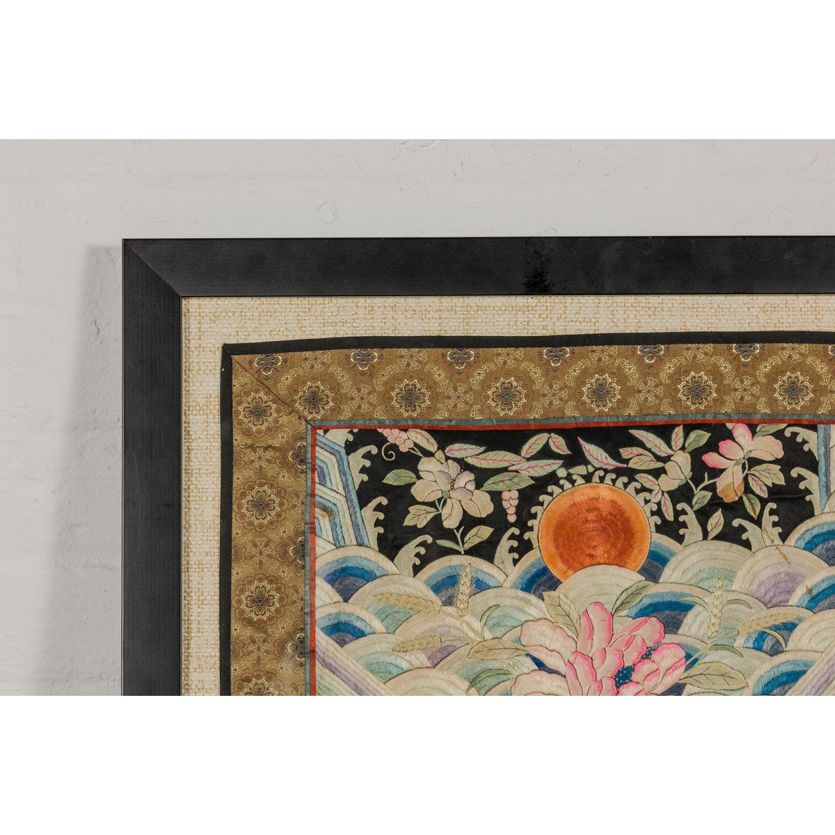Vintage Chinese Silk Fabric with Flower and Sun Motif in Custom Black Frame-13. Asian &amp; Chinese Furniture, Art, Antiques, Vintage Home Décor for sale at FEA Home