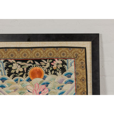 Vintage Chinese Silk Fabric with Flower and Sun Motif in Custom Black Frame-YN7864-14. Asian & Chinese Furniture, Art, Antiques, Vintage Home Décor for sale at FEA Home