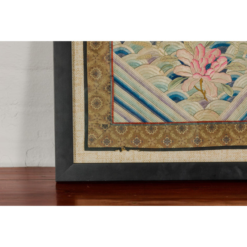 Vintage Chinese Silk Fabric with Flower and Sun Motif in Custom Black Frame-YN7864-15. Asian & Chinese Furniture, Art, Antiques, Vintage Home Décor for sale at FEA Home