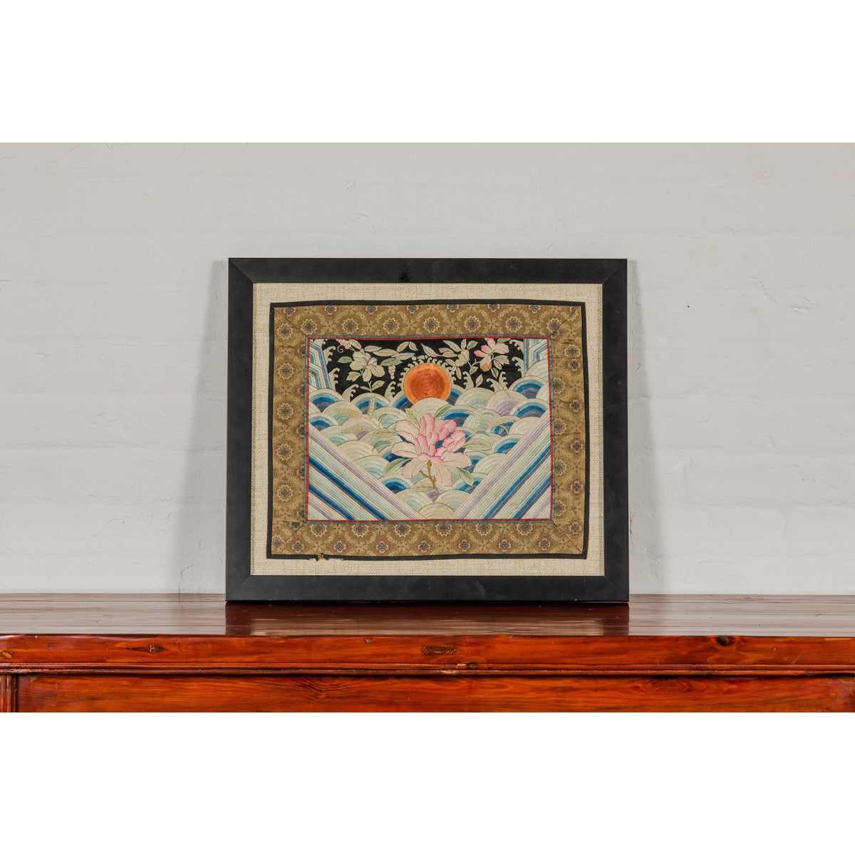 Vintage Chinese Silk Fabric with Flower and Sun Motif in Custom Black Frame-16. Asian &amp; Chinese Furniture, Art, Antiques, Vintage Home Décor for sale at FEA Home