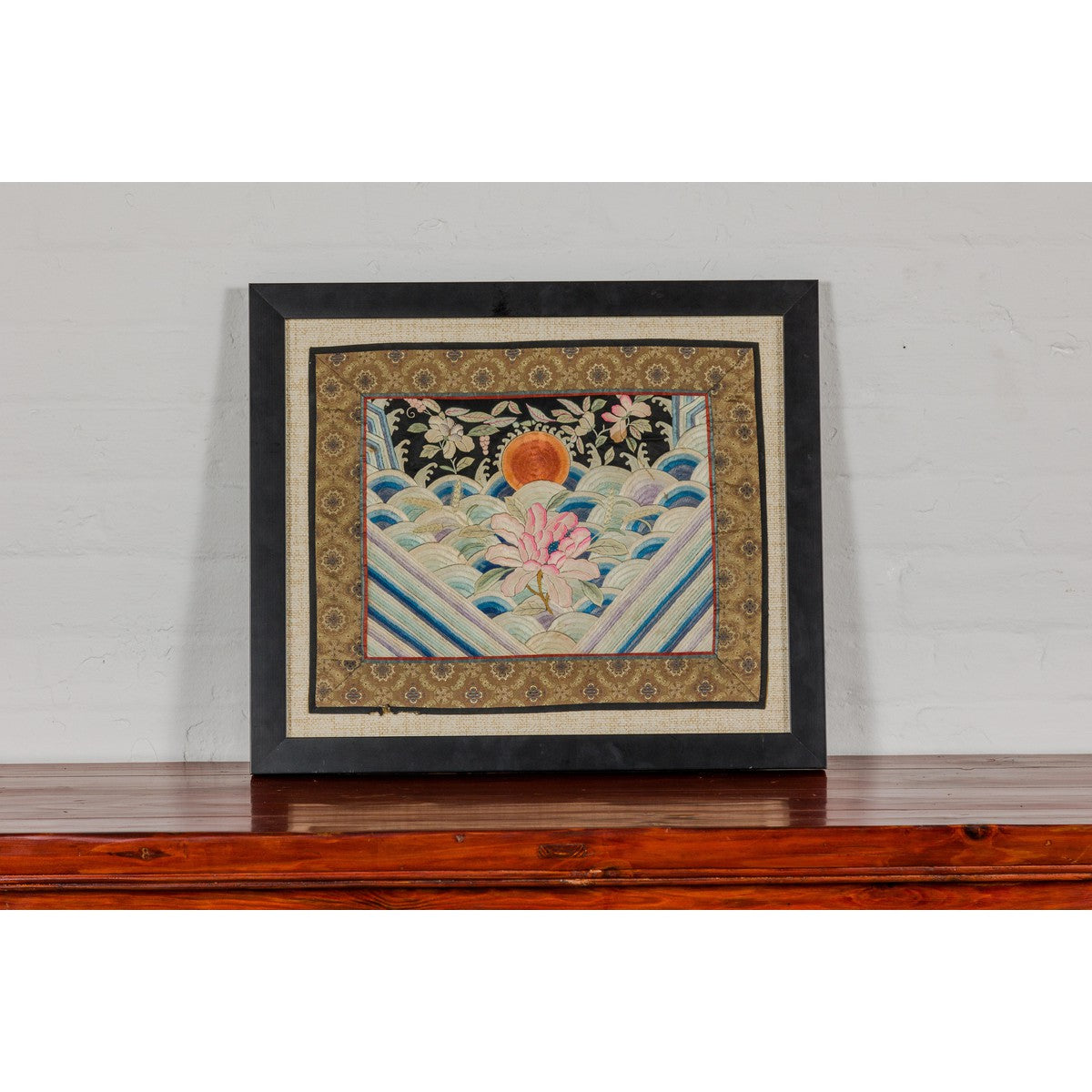 Vintage Chinese Silk Fabric with Flower and Sun Motif in Custom Black Frame-17. Asian &amp; Chinese Furniture, Art, Antiques, Vintage Home Décor for sale at FEA Home