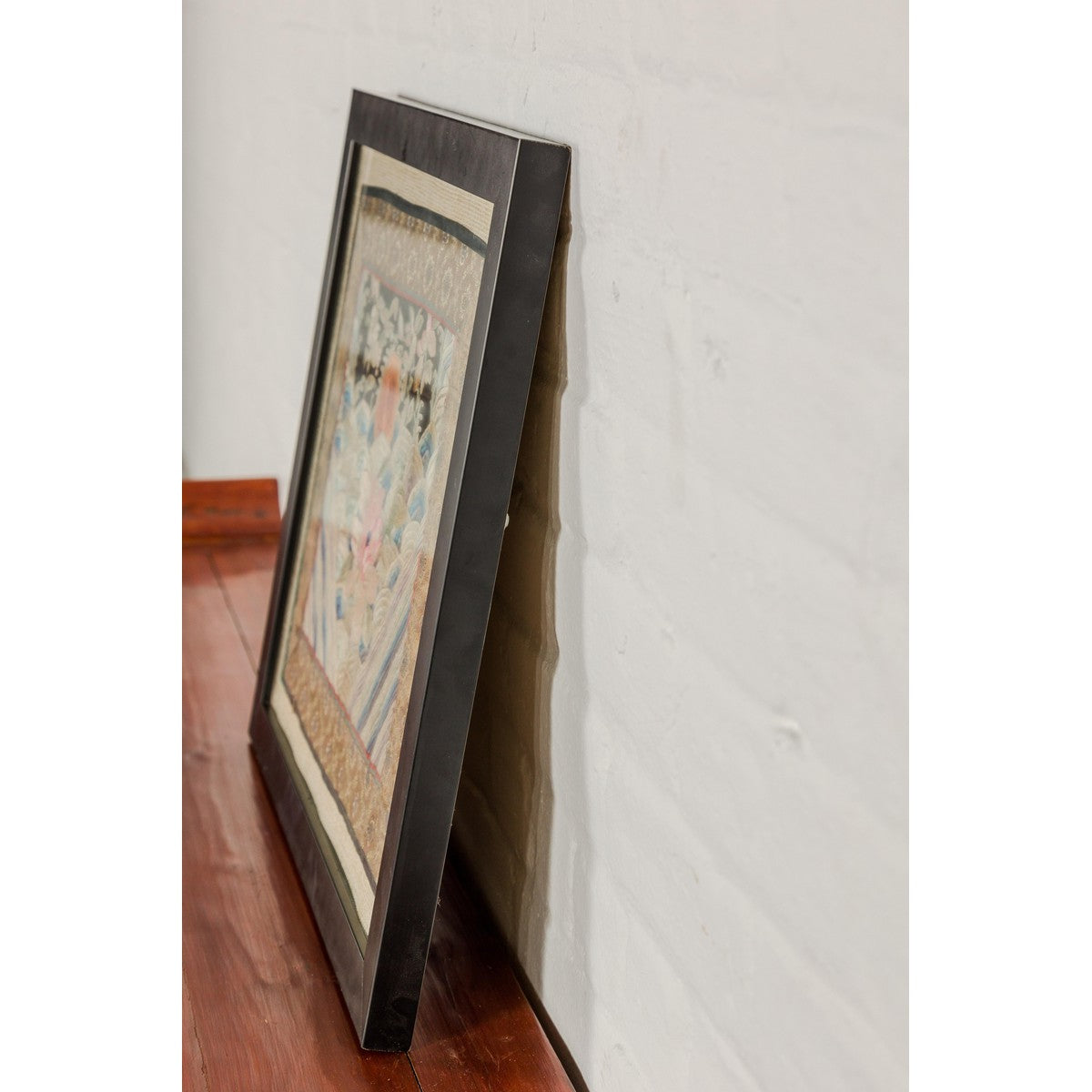Vintage Chinese Silk Fabric with Flower and Sun Motif in Custom Black Frame-18. Asian &amp; Chinese Furniture, Art, Antiques, Vintage Home Décor for sale at FEA Home