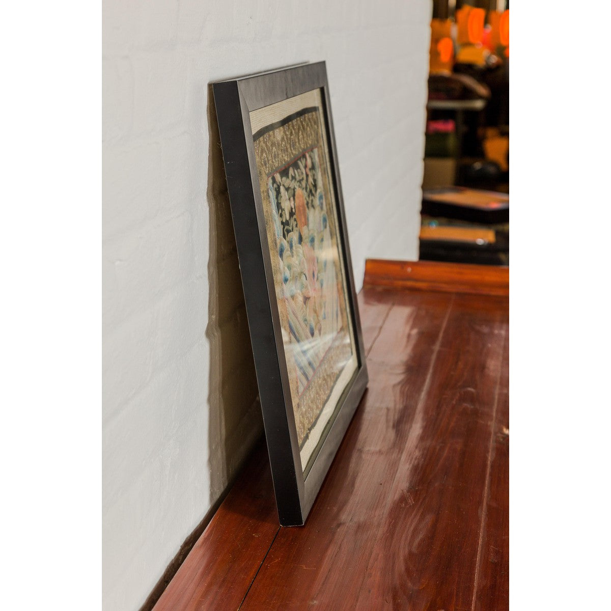 Vintage Chinese Silk Fabric with Flower and Sun Motif in Custom Black Frame-19. Asian &amp; Chinese Furniture, Art, Antiques, Vintage Home Décor for sale at FEA Home