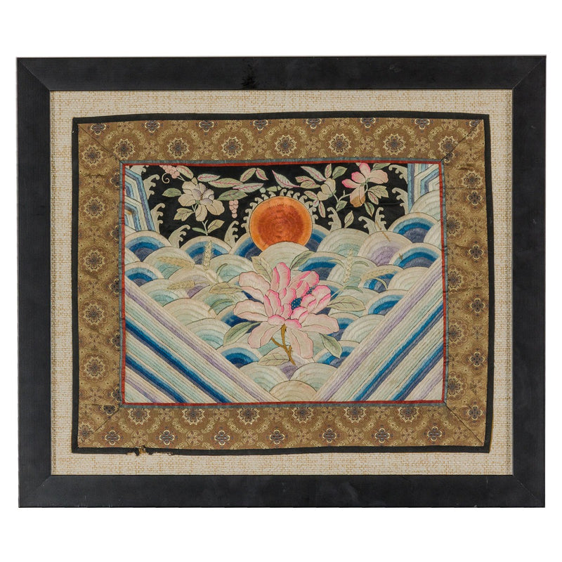 Vintage Chinese Silk Fabric with Flower and Sun Motif in Custom Black Frame-YN7864-1. Asian & Chinese Furniture, Art, Antiques, Vintage Home Décor for sale at FEA Home