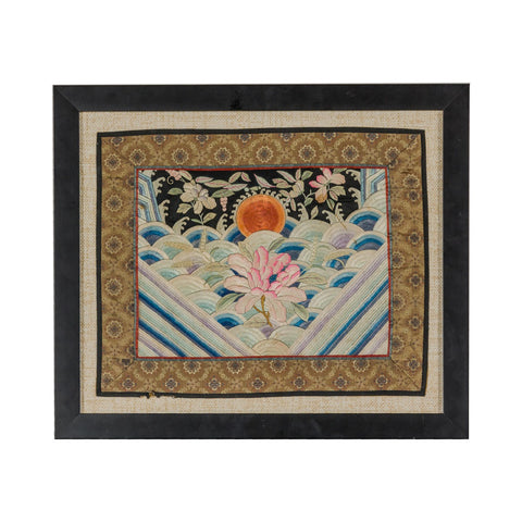 Vintage Chinese Silk Fabric with Flower and Sun Motif in Custom Black Frame-YN7864-2. Asian & Chinese Furniture, Art, Antiques, Vintage Home Décor for sale at FEA Home