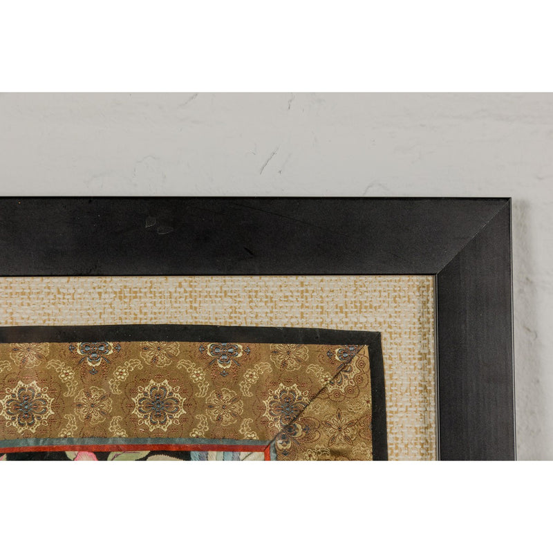Vintage Chinese Silk Fabric with Flower and Sun Motif in Custom Black Frame-YN7864-6. Asian & Chinese Furniture, Art, Antiques, Vintage Home Décor for sale at FEA Home