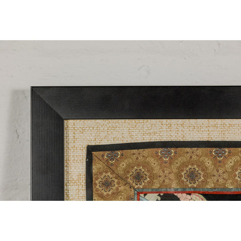 Vintage Chinese Silk Fabric with Flower and Sun Motif in Custom Black Frame-YN7864-7. Asian & Chinese Furniture, Art, Antiques, Vintage Home Décor for sale at FEA Home