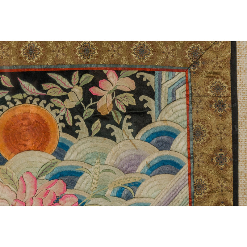 Vintage Chinese Silk Fabric with Flower and Sun Motif in Custom Black Frame-YN7864-8. Asian & Chinese Furniture, Art, Antiques, Vintage Home Décor for sale at FEA Home