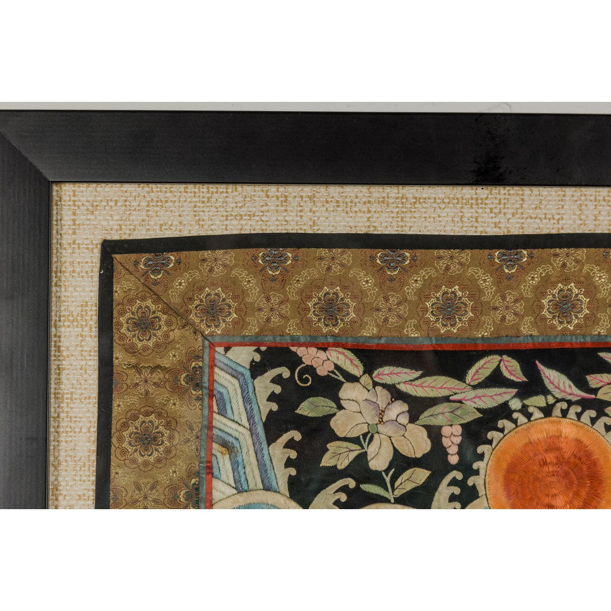 Vintage Chinese Silk Fabric with Flower and Sun Motif in Custom Black Frame-9. Asian &amp; Chinese Furniture, Art, Antiques, Vintage Home Décor for sale at FEA Home