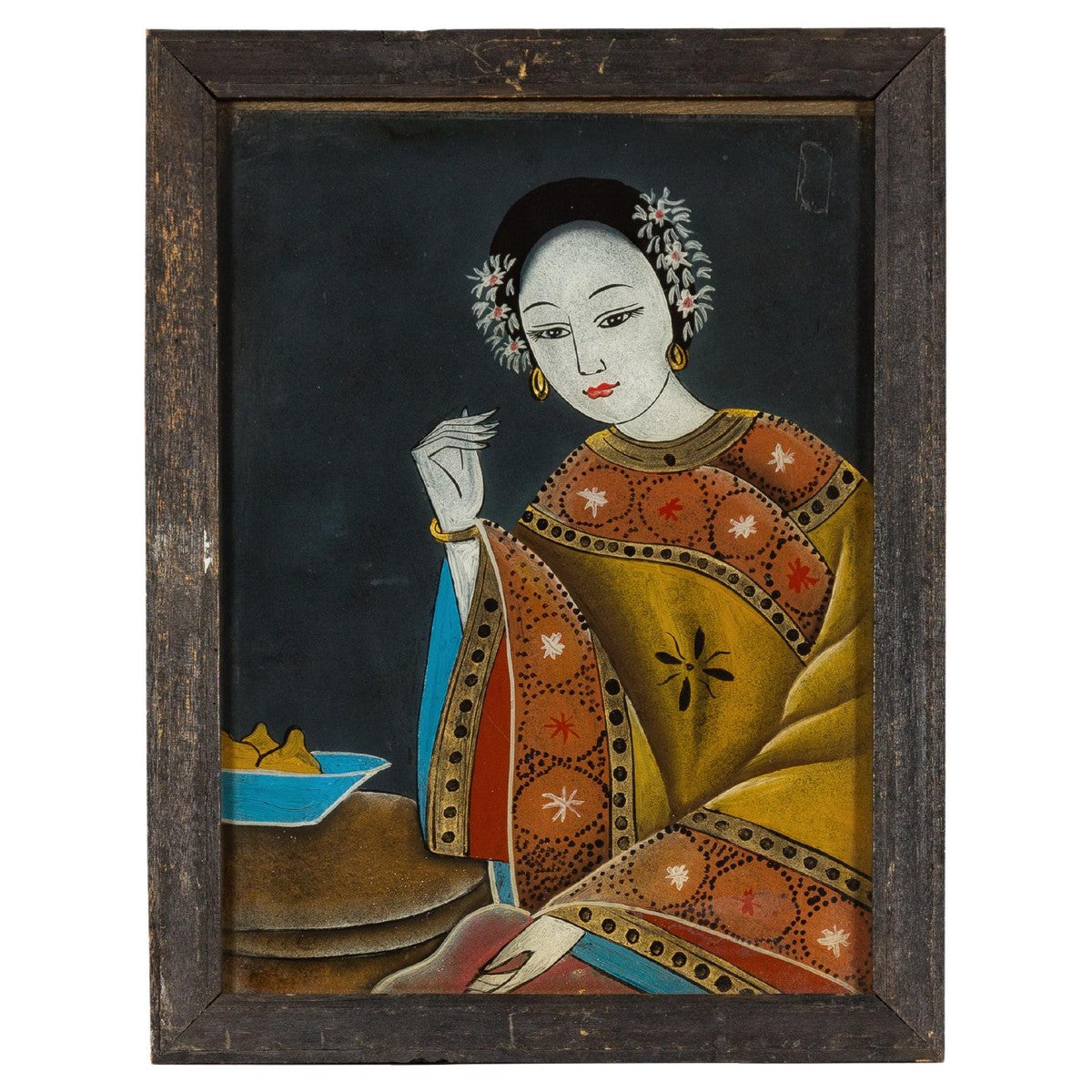 Antique Reverse Painting on Glass Depicting a Woman with Bowl of Fruits-1. Asian & Chinese Furniture, Art, Antiques, Vintage Home Décor for sale at FEA Home