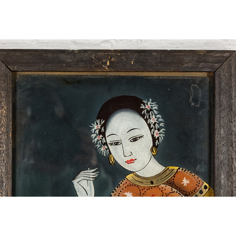 Antique Reverse Painting on Glass Depicting a Woman with Bowl of Fruits-YN7865-10. Asian & Chinese Furniture, Art, Antiques, Vintage Home Décor for sale at FEA Home
