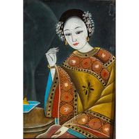 Antique Reverse Painting on Glass Depicting a Woman with Bowl of Fruits