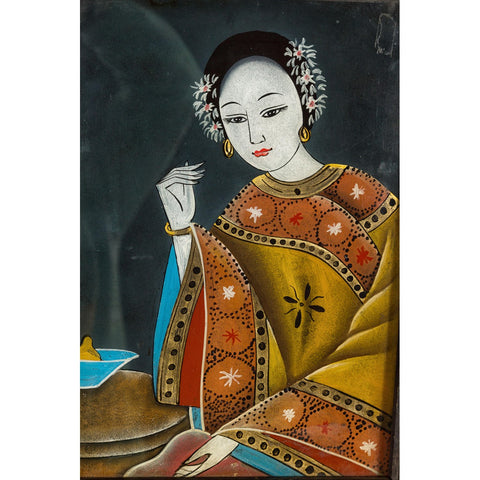 Antique Reverse Painting on Glass Depicting a Woman with Bowl of Fruits-YN7865-11. Asian & Chinese Furniture, Art, Antiques, Vintage Home Décor for sale at FEA Home