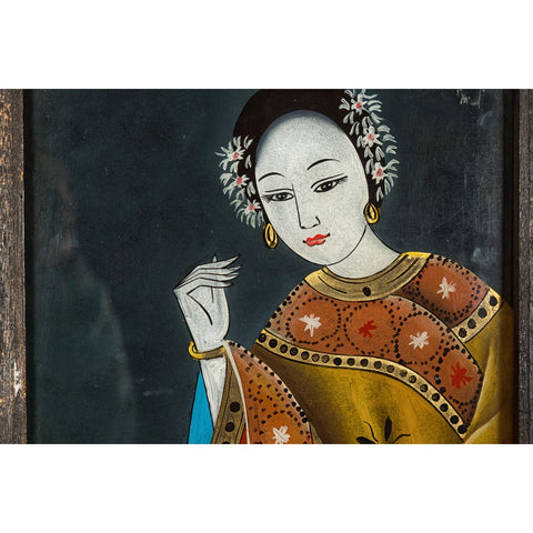 Antique Reverse Painting on Glass Depicting a Woman with Bowl of Fruits-YN7865-13. Asian & Chinese Furniture, Art, Antiques, Vintage Home Décor for sale at FEA Home