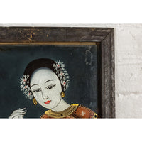 Antique Reverse Painting on Glass Depicting a Woman with Bowl of Fruits