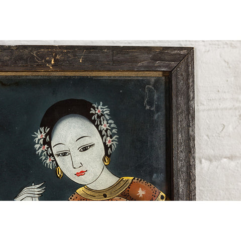 Antique Reverse Painting on Glass Depicting a Woman with Bowl of Fruits-YN7865-14. Asian & Chinese Furniture, Art, Antiques, Vintage Home Décor for sale at FEA Home