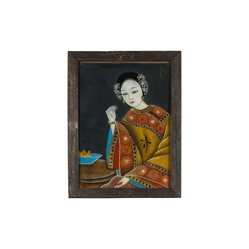 Antique Reverse Painting on Glass Depicting a Woman with Bowl of Fruits-YN7865-18. Asian & Chinese Furniture, Art, Antiques, Vintage Home Décor for sale at FEA Home