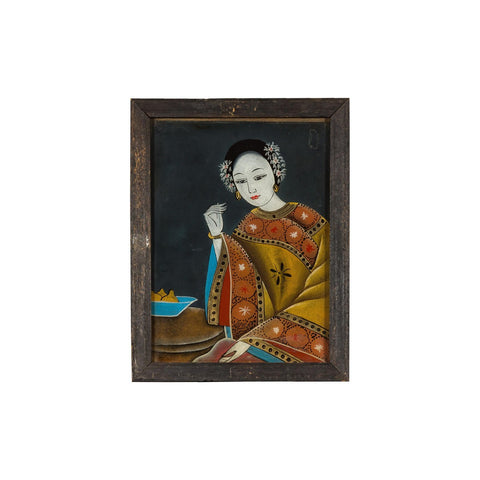 Antique Reverse Painting on Glass Depicting a Woman with Bowl of Fruits-YN7865-18. Asian & Chinese Furniture, Art, Antiques, Vintage Home Décor for sale at FEA Home