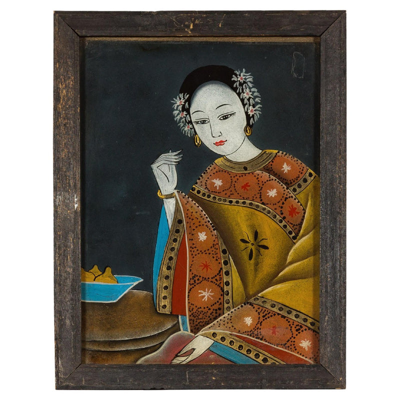 Antique Reverse Painting on Glass Depicting a Woman with Bowl of Fruits-YN7865-1. Asian & Chinese Furniture, Art, Antiques, Vintage Home Décor for sale at FEA Home