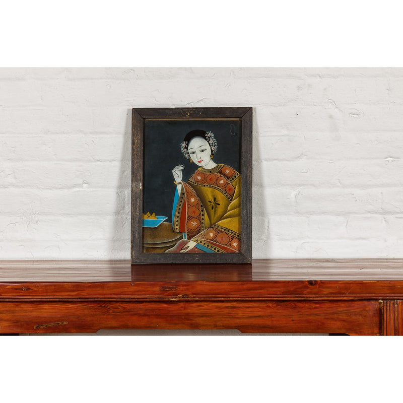 Antique Reverse Painting on Glass Depicting a Woman with Bowl of Fruits-YN7865-2. Asian & Chinese Furniture, Art, Antiques, Vintage Home Décor for sale at FEA Home