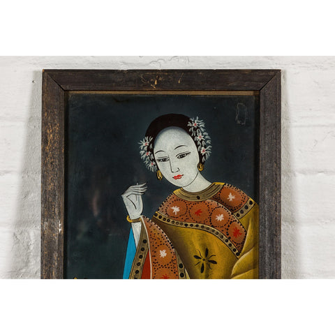 Antique Reverse Painting on Glass Depicting a Woman with Bowl of Fruits-YN7865-4. Asian & Chinese Furniture, Art, Antiques, Vintage Home Décor for sale at FEA Home