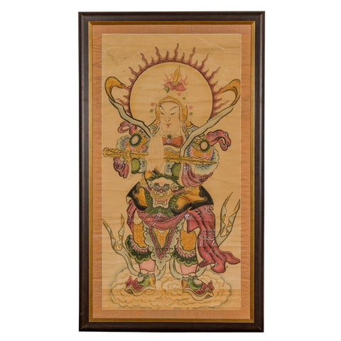 Framed Hand-Painted Parchment Painting of a Celestial Warrior with Silk Matting-YN7870-1. Asian & Chinese Furniture, Art, Antiques, Vintage Home Décor for sale at FEA Home