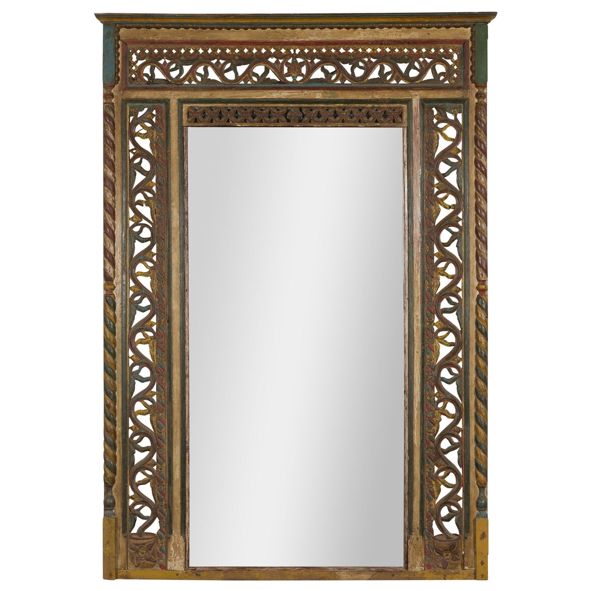 Multicolor Carved Window Frame Converted into Antique Mirror-1. Asian & Chinese Furniture, Art, Antiques, Vintage Home Décor for sale at FEA Home