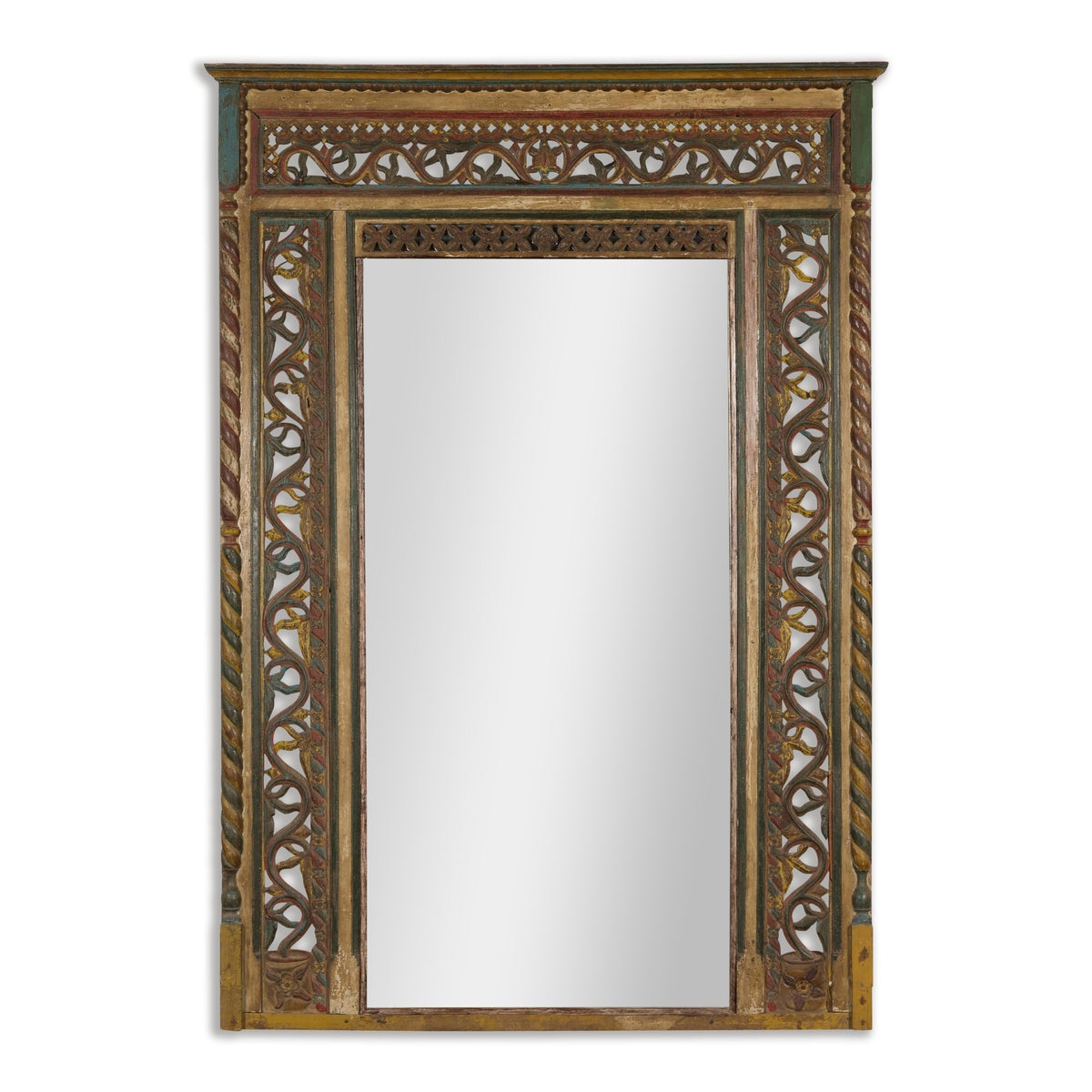 Multicolor Carved Window Frame Converted into Antique Mirror-19. Asian &amp; Chinese Furniture, Art, Antiques, Vintage Home Décor for sale at FEA Home