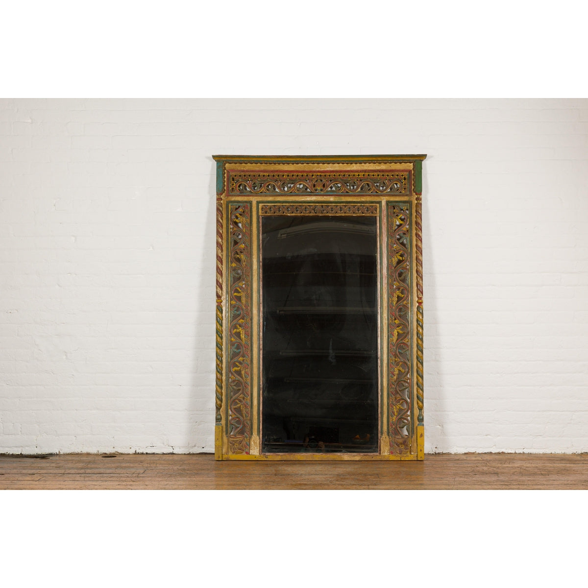 Multicolor Carved Window Frame Converted into Antique Mirror-2. Asian & Chinese Furniture, Art, Antiques, Vintage Home Décor for sale at FEA Home