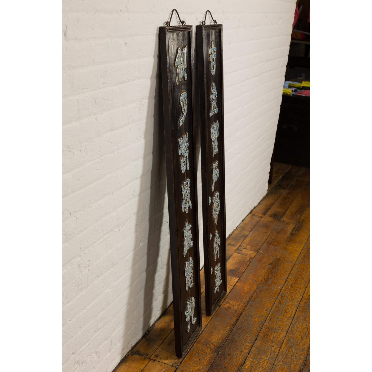 Pair Wooden Antique Panels with Blue &amp; White Porcelain Writing-11. Asian &amp; Chinese Furniture, Art, Antiques, Vintage Home Décor for sale at FEA Home