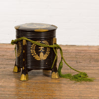 Japanese Meiji Period Hokai Lidded Box with Brass Accents and Original Rope