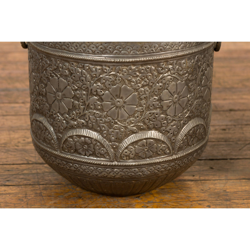 Three Vintage Indian Nested Silver over Brass Vessels with Repoussé Floral Décor-YN7897-10. Asian & Chinese Furniture, Art, Antiques, Vintage Home Décor for sale at FEA Home