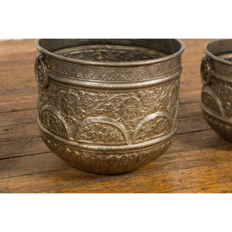 Three Vintage Indian Nested Silver over Brass Vessels with Repoussé Floral Décor-YN7897-12. Asian & Chinese Furniture, Art, Antiques, Vintage Home Décor for sale at FEA Home