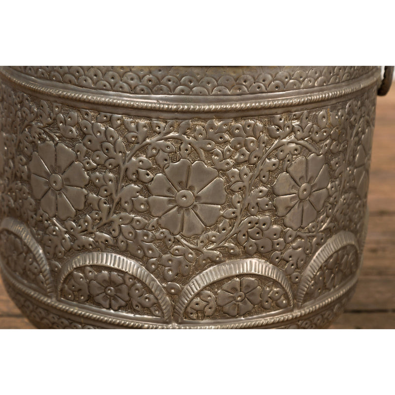 Three Vintage Indian Nested Silver over Brass Vessels with Repoussé Floral Décor-YN7897-15. Asian & Chinese Furniture, Art, Antiques, Vintage Home Décor for sale at FEA Home