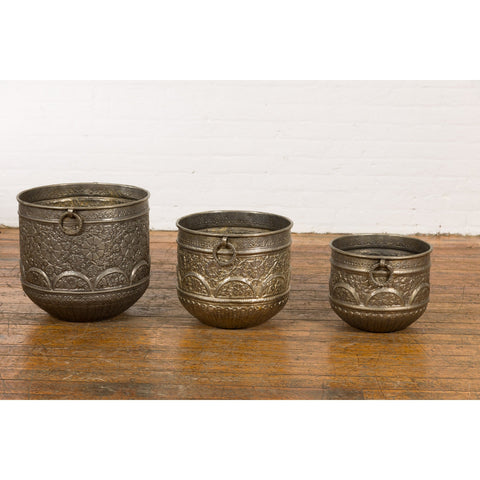 Three Vintage Indian Nested Silver over Brass Vessels with Repoussé Floral Décor-YN7897-16. Asian & Chinese Furniture, Art, Antiques, Vintage Home Décor for sale at FEA Home